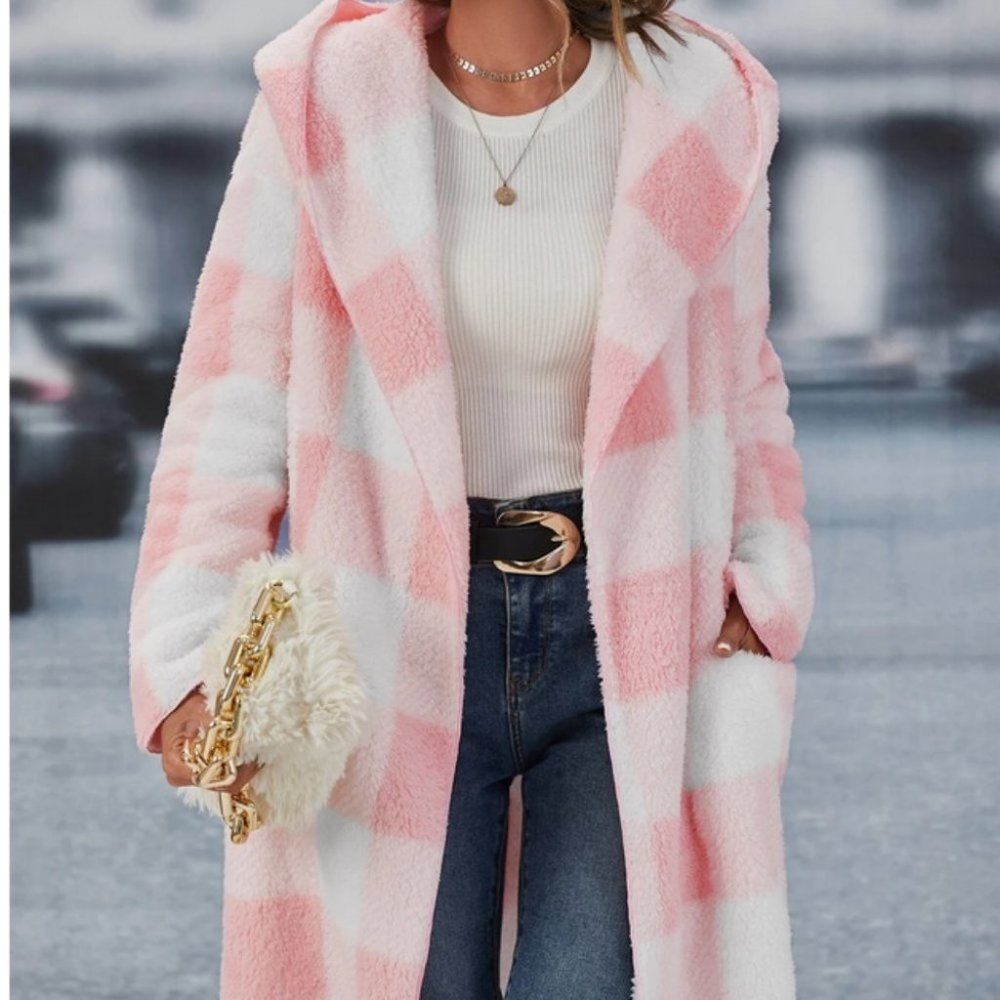 pink gingham hooded teddy coat fun - Picture 2 of 6